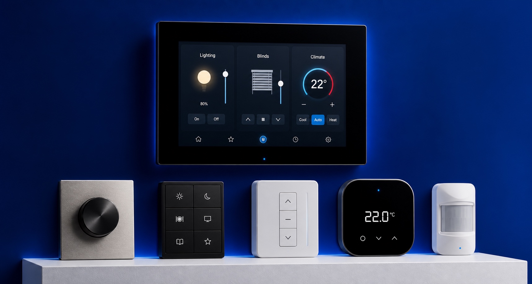 Dedicated touchscreen, lighting, climate and blind-control devices